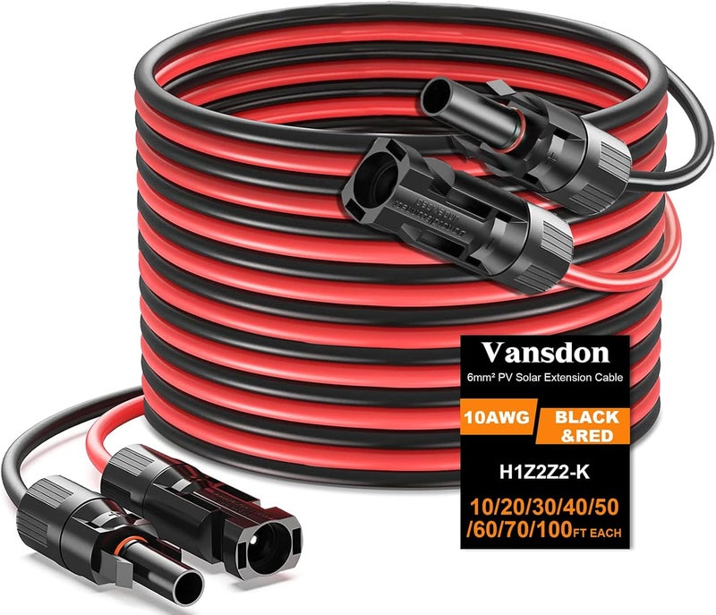 Vansdon 2x50 Feet Solar Panel Extension Cable- 10AWG Solar Cable Solar Panel Cable with Female and Male Waterproof Connectors for RV, Photovoltaic Systems - Image 1